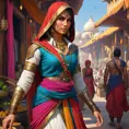 Create an image of a beautiful Assassin's Creed character in a vibrant Indian market, her clothing a colorful mix of traditional saris and hidden assassin tools, with a backdrop of bustling stalls and exotic animals.