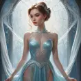 A princess with skin as pale as the moon, wearing a gown of spider silk, standing in a chamber of frosted glass where the light refracts into a thousand colors.