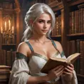 Ciri in a library of ancient, magical tomes, the air thick with dust and the glow of enchanted books, her hand resting on a large, ancient grimoire