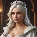 Ciri, the queen, with a regal crown and a flowing white gown