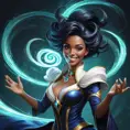 A dramatic rendering of LeBlanc, the Magical Mimic, with a mischievous grin and a swirling vortex of magic