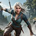 A dynamic action shot of Ciri from The Witcher 3 leaping through the air, sword in hand, with a blurred motion effect, capturing her agility and power.