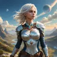 Ciri, the Lady of Time and Space, traversing a vast, otherworldly landscape, her powers manifesting in a dazzling display. Surreal, imaginative, and visually stunning.