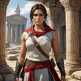 Kassandra, the enigmatic protagonist of Assassin's Creed, standing amidst the ruins of an ancient temple, her gaze fixed on a mysterious artifact hidden within.