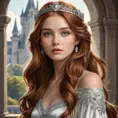 A young princess with cascading waves of lustrous auburn hair, her delicate features framed by a circlet of silver filigree, a serene expression on her face as she gazes out over her kingdom.