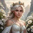 Ciri, the Lion Cub of Cintra, with a flowing white dress and a crown of flowers