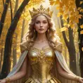 A majestic queen with a crown of golden leaves, her dress woven from the threads of sunlight, presiding over a court in a forest where the trees whisper secrets.