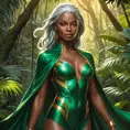 Ororo Munroe in a flowing green costume, her dark skin glowing with a warm golden light, standing in a lush jungle