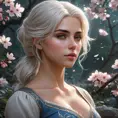 Ciri in a serene, moonlit garden, cherry blossoms falling around her, her face serene, a soft, mystical mist enveloping the scene