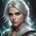 An ethereal depiction of Ciri from The Witcher 3, surrounded by swirling mists and spectral lights, her eyes glowing with mystical power, in a dreamlike environment.