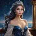 A princess with hair the color of midnight, adorned with a tiara of sea pearls, standing on the deck of a ship sailing through a sea of stars.