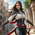 a beautiful, deadly female Assassin from the Assassin's Creed franchise, with flowing hair and a lithe, acrobatic physique, in a lush, vibrant environment