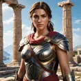 A highly detailed and realistic portrait of Kassandra from Assassin's Creed Odyssey, dressed in her iconic Spartan armor, standing against a backdrop of ancient Greek ruins, with a confident and fierce expression.