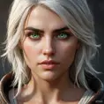 A stunning portrait of Ciri from The Witcher 3, her piercing green eyes and fierce expression commanding attention. Detailed, hyperrealistic, cinematic lighting.