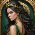 A powerful queen in a flowing gown of deep green and gold, her long dark hair cascading down her back, a crown of intricate metalwork adorning her head, her gaze commanding the respect and loyalty of all who behold her.