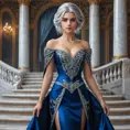 Ciri in a grand, opulent palace hall, dressed in a regal gown of deep blue and silver, her hair styled elegantly, standing before a grand staircase