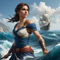 Kassandra, the enigmatic protagonist of Assassin's Creed, navigating the treacherous waters of the Aegean Sea, her ship cutting through the waves with grace and power.