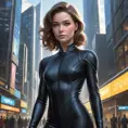 Kitty Pryde in a sleek black jumpsuit, her eyes glowing with telepathic energy, standing in a futuristic cityscape