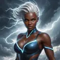 Storm with a fierce expression, her dark skin glowing with electricity, standing in a stormy sky