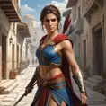 Kassandra, the legendary mercenary of Assassin's Creed, navigating the ancient streets of a bustling Greek city, her Spear of Leonidas gleaming in the sunlight.