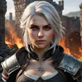 Ciri from The Witcher 3 in a dramatic scene, standing in the ruins of a burning village, her face hardened with resolve, with embers and ashes floating around her.