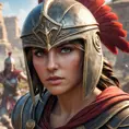 Kassandra from Assassin's Creed Odyssey, in a detailed close-up shot, wearing her helmet with only her intense eyes visible, surrounded by the battlefield's smoke and chaos, capturing the essence of a warrior.