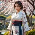 A gorgeous Assassin's Creed woman in a serene Japanese garden, dressed in a traditional kimono with subtle assassin tools hidden within, the scene bathed in the soft light of a cherry blossom festival.