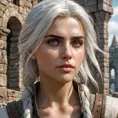 A close-up of Ciri from The Witcher 3, her face determined and focused, with her white hair framing her face, set against a backdrop of an ancient, ruined castle.