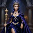 A powerful queen in a dress of shimmering midnight blue, her shoulders draped in a cloak of deep purple velvet, a scepter of carved ivory in her hand as she stands before her loyal subjects.