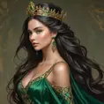 A powerful queen in a flowing gown of deep green and gold, her long dark hair cascading down her back, a crown of intricate metalwork adorning her head, her gaze commanding the respect and loyalty of all who behold her.