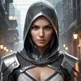 a powerful, enigmatic female Assassin from the Assassin's Creed universe, with a captivating gaze and a sleek, futuristic outfit, in a sci-fi, dystopian setting