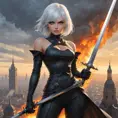 2B with a fierce gaze, standing in front of a burning cityscape with a sword raised high