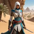 Visualize a beautiful Assassin's Creed character in a desert oasis, her attire reflecting both the nomadic styles of the region and advanced stealth technology, with a mirage shimmering in the distance.