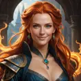 A stunning, fiery-haired woman with a mischievous grin, inspired by the fiery spirit of the sorceress, Philippa Eilhart