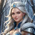 A stunning illustration of Ashe, the Frost Archer, with a regal crown and a gentle smile