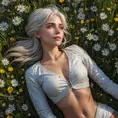 Ciri in a vast, open field of wildflowers under a clear, starry night sky, her form relaxed, lying back on the soft grass, her eyes gazing upwards