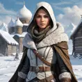 A breathtaking Assassin's Creed woman in a snowy Russian tundra, her attire a blend of fur-lined winter gear and advanced cold-weather assassin technology, with a distant igloo village in the background.