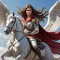 Kassandra, the Misthios of Assassin's Creed, soaring through the air on a magnificent pegasus, her flowing hair and billowing cloak capturing the essence of her unwavering spirit.