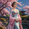 A princess with skin as smooth as porcelain, dressed in a gown of cherry blossoms, standing in a garden where the flowers bloom in vibrant colors under a twilight sky.