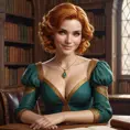 Triss Merigold, the elegant and wise sorceress, with short, curly blonde hair and a warm smile, sitting in a cozy library