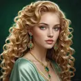 A beautiful, elegant woman with long, curly golden hair and piercing emerald eyes, inspired by the refined and cultured world of the Nilfgaardian court