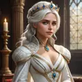 Ciri, the queen, with a regal crown and a flowing white gown