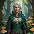 Ciri in a lush, overgrown forest, surrounded by glowing mushrooms and ancient trees, her eyes reflecting the soft bioluminescence, wearing a cloak made of leaves and twigs