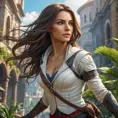 a beautiful, deadly female Assassin from the Assassin's Creed franchise, with flowing hair and a lithe, acrobatic physique, in a lush, vibrant environment