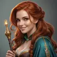 A portrait of Triss Merigold, her auburn hair cascading down her shoulders, a mischievous smile playing on her lips, holding a staff that crackles with magic