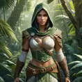 A breathtaking Assassin's Creed woman in a lush, verdant jungle environment, her attire a mix of natural camouflage and ancient tribal designs, with a hidden blade glinting in the dappled sunlight.