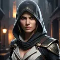 a female Assassin from the Assassin's Creed series, with a striking, angular face and a fierce, resolute expression, in a dark, moody, atmospheric setting