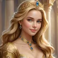 A regal, golden-haired princess, inspired by the kingdom of Cintra, with a kind face and a gentle smile