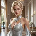 Emma Frost in a sparkling diamond-encrusted costume, her blonde hair styled in an elegant updo, standing in a luxurious mansion