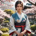 A gorgeous Assassin's Creed woman in a serene Japanese garden, dressed in a traditional kimono with subtle assassin tools hidden within, the scene bathed in the soft light of a cherry blossom festival.